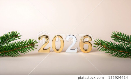 新年圖片背景，包含金色和銀色的“2026”數字和松枝。生成式人工智慧 133924414