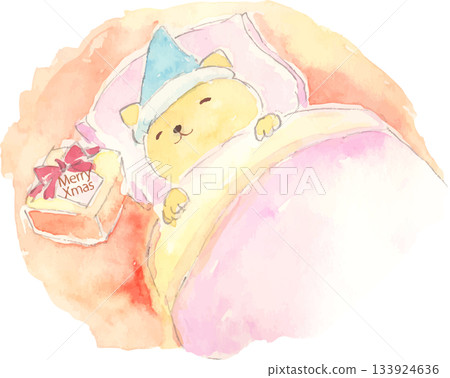 Watercolor illustration of a bear sleeping while waiting for presents on Christmas night. Vector 133924636