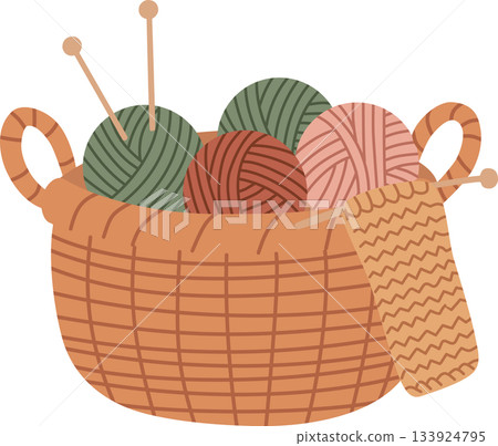 Cozy Wicker Basket with Yarn Balls and Knitting Needles Illustration 133924795