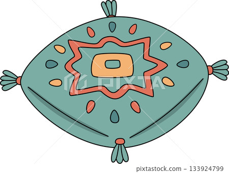 Bohemian Turquoise Throw Pillow with Geometric Mandala Design Illustration 133924799