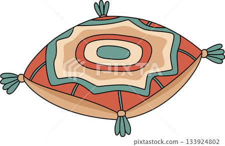 Bohemian Decorative Floor Pillow with Abstract Rings Pattern and Tassels Illustration Bohemian Decorative Floor Pillow with Abstract Rings Pattern and Tassels Illustration 133924802