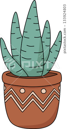 Bohemian Succulent Houseplant in Terracotta Pot with Tribal Zigzag Pattern Illustration 133924803