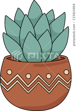 Bohemian Succulent Houseplant in Round Terracotta Pot with Zigzag Pattern Illustration Bohemian Succulent Houseplant in Round Terracotta Pot with Zigzag Pattern Illustration 133924804