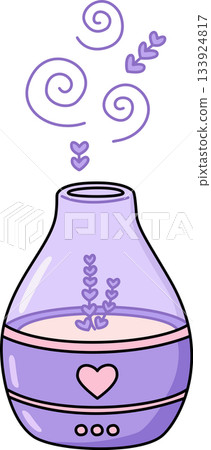 Cute Cartoon Aromatherapy Essential Oil Diffuser Illustration with Lavender Steam Cute Cartoon Aromatherapy Essential Oil Diffuser Illustration with Lavender Steam 133924817