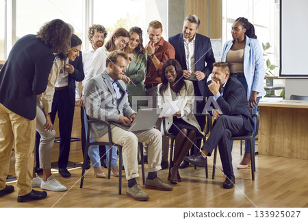 Company employees discussing new projects or startups, analyzing company standing in office. Company employees discussing new projects or startups, analyzing company standing in office. 133925027