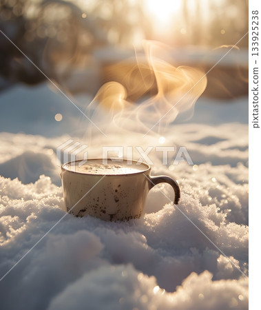 Hot Coffee Left in Snowy Landscape with Rising Steam and Soft Focus Minimalist Composition 133925238