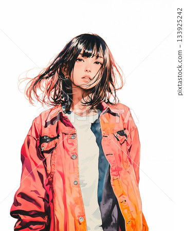 A young Japanese woman posing in a red shirt 133925242