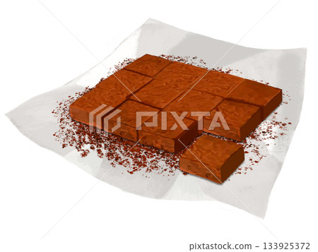 12 pieces of raw chocolate (with cocoa powder) 1 piece cut out and with paper liner 133925372
