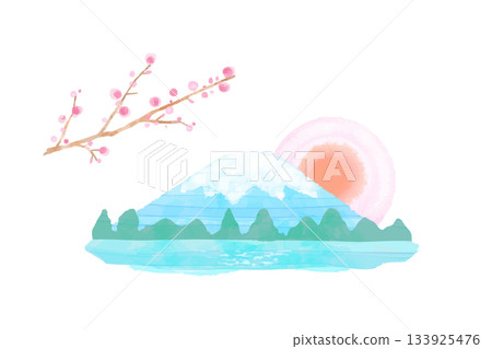 富士山、第一道陽光和梅花的可愛水彩插畫 133925476