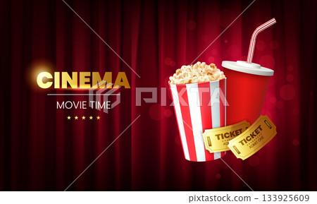 Advertising banner featuring tickets, a cup of popcorn, a drink, and a red theater curtain. Advertising banner featuring tickets, a cup of popcorn, a drink, and a red theater curtain. 133925609