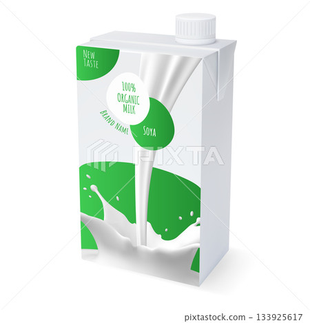 Realistic soy milk packaging with a vibrant green design. Realistic soy milk packaging with a vibrant green design. 133925617