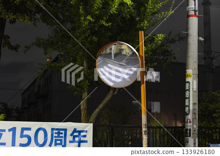 Reflections of convex mirrors and crosswalks at night Reflections of convex mirrors and crosswalks at night 133926180