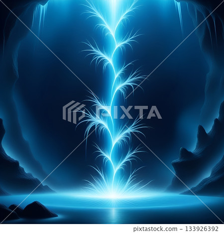 Stunning glowing aurora lights illuminate a tranquil cave lake creating a magical ambiance, perfect for fantasy or science fiction themed projects 133926392