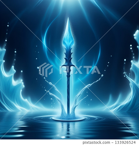Powerful blue spear radiating energy on water's surface, a stunning fantasy concept for game design, book covers, and imaginative projects, mystical, magical 133926524
