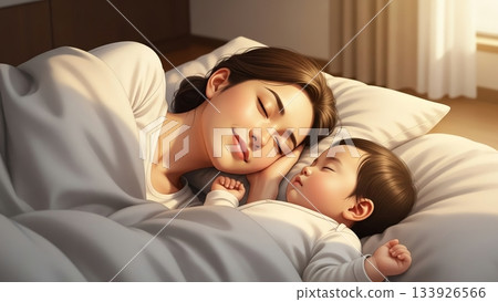 在一個平靜的早晨，陽光灑在一對母子熟睡的臉上。 133926566