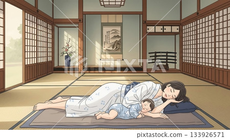 Mother and child sleeping close together in a quiet Japanese-style room 133926571