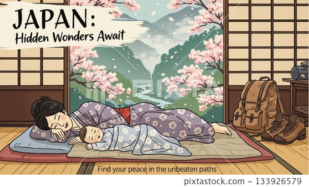 A parent and child sleep peacefully in a Japanese house surrounded by falling cherry blossoms 133926579