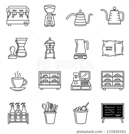 A collection of sixteen black and white line-art icons illustrating essential tools and equipment found in a small coffee shop or cafe, including espresso machines 133926591