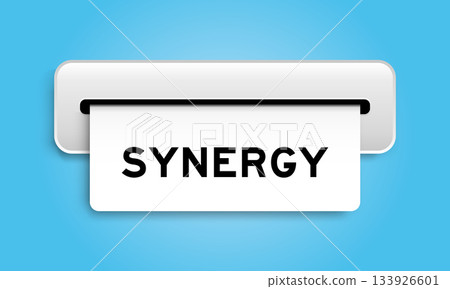 White coupon banner with word synergy from machine on blue color background 133926601