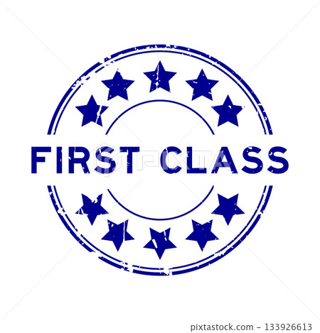 Grunge blue first class word with star icon round rubber seal stamp on white background 133926613