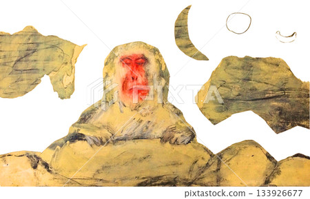 猴子、溫泉、日本猴、冬天、雪、月亮、日式風格、拼貼、背景、素材、插畫、新年卡片、療癒（Hogara） 133926677