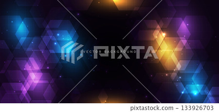 Multicolor lighting technology hexagon element glowing on dark background. Future tech concept. Multicolor lighting technology hexagon element glowing on dark background. Future tech concept. 133926703