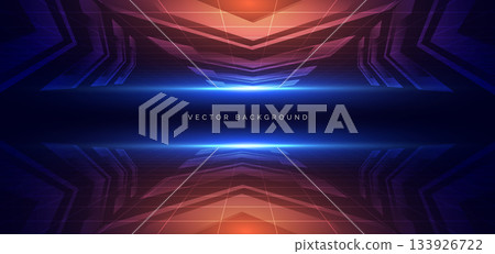 Technology arrow orange glowing with grid decor and blue lighting effect on dark background. Technology arrow orange glowing with grid decor and blue lighting effect on dark background. 133926722