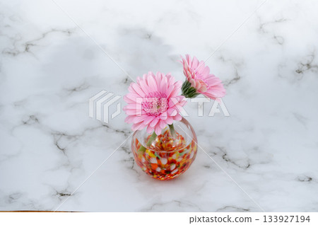 Two pink gerbera flowers in a warm glass vase (bottom center) Two pink gerbera flowers in a warm glass vase (bottom center) 133927194