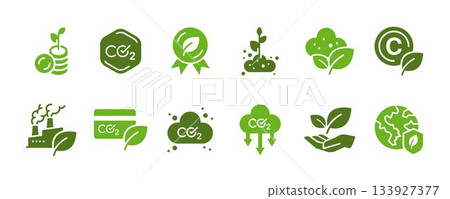 Carbon credit icon set. It included pollution, emission, smoke, air quality, net zero and more icons. 133927377