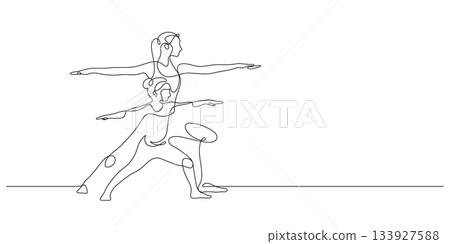mother and daughter exercising yoga virabhadrasana, warrior one line drawing mother and daughter exercising yoga virabhadrasana, warrior one line drawing 133927588
