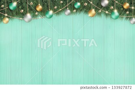 Glowing Christmas tree and horizontal turquoise wood grain background 133927872