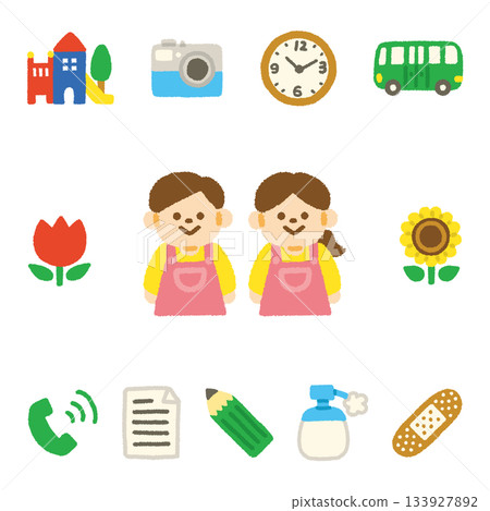 Kindergarten teacher work icon set, hand-drawn, pastel, cute illustrations for children 133927892
