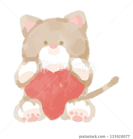 Fluffy Cat Watercolor Series – Cat holding a heart Fluffy Cat Watercolor Series – Cat holding a heart 133928077