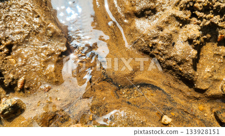 Close-up of a small stream flowing through sandy and muddy terrain with visible sediment layers and textures. 133928151