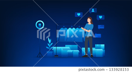 Online Shopping Live Stream Technology Background with Woman Selling Clothes via Mobile Phone, Digital Commerce, Social Media Marketplace, E Commerce Fashion Streaming, Interactive Buying Experience Online Shopping Live Stream Technology Background with Woman Selling Clothes via Mobile Phone, Digital Commerce, Social Media Marketplace, E Commerce Fashion Streaming, Interactive Buying Experience 133928153