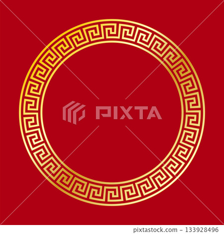 Circle frame with golden meander, a decorative border with Greek key pattern, on red background. Seamless pattern, constructed from a gold colored continuous line, shaped into a repeated motif. Vector Circle frame with golden meander, a decorative border with Greek key pattern, on red background. Seamless pattern, constructed from a gold colored continuous line, shaped into a repeated motif. Vector 133928496