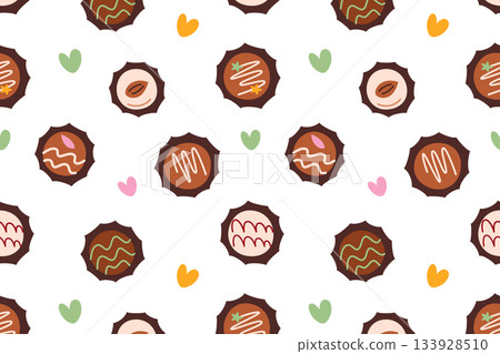 Flat cartoon vector illustration of chocolate candy pattern with assorted fillings and decorative toppings, sweet dessert, cozy mood, seamless design for packaging, backgrounds and culinary projects Flat cartoon vector illustration of chocolate candy pattern with assorted fillings and decorative toppings, sweet dessert, cozy mood, seamless design for packaging, backgrounds and culinary projects 133928510