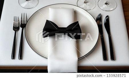Elegant table setting for a formal dinner with bow tie napkin centerpiece 133928571