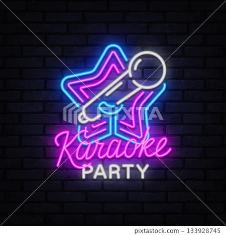 Neon star with microphone and stylish script Karaoke Party text. Great for nightlife posters, bars or music-themed promotions. Neon star with microphone and stylish script Karaoke Party text. Great for nightlife posters, bars or music-themed promotions. 133928745