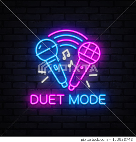 Karaoke Two neon microphones with music notes symbolize a duet filled with harmony and rhythm. Karaoke Two neon microphones with music notes symbolize a duet filled with harmony and rhythm. 133928748