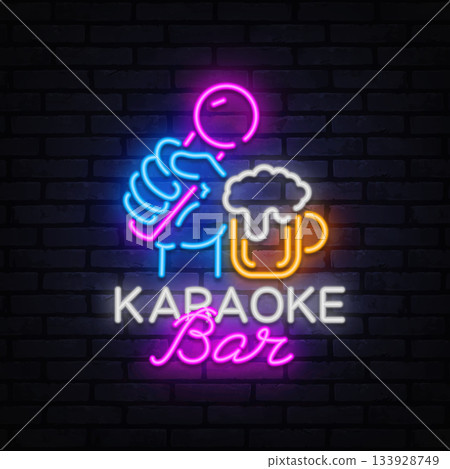 Karaoke Bar. Neon hand holding a mic and a beer mug illustrates a fun bar vibe with music and drinks. 133928749