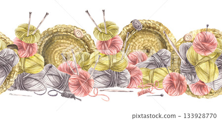Watercolor Balls of yarn, threads with knitted basket and knitting needles seamless border. Realistic hand drawn illustration. Hobby label, handicrafts horizontal pattern on isolated white background Watercolor Balls of yarn, threads with knitted basket and knitting needles seamless border. Realistic hand drawn illustration. Hobby label, handicrafts horizontal pattern on isolated white background 133928770