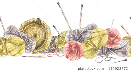 Watercolor Balls of yarn threads in different color seamless border. Realistic skeins of string with knitting needles, crochet hook. Hobby handicrafts pattern isolated on white background illustration Watercolor Balls of yarn threads in different color seamless border. Realistic skeins of string with knitting needles, crochet hook. Hobby handicrafts pattern isolated on white background illustration 133928772