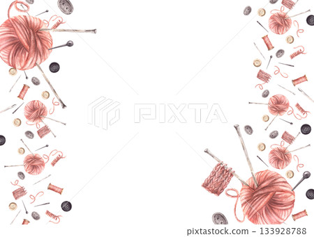 Buttons and pink yarn ball with knitting needles, thread spool and sewing pins frame. Needlework, handicrafts, hobby rectangular template. Watercolor hand drawn illustration isolated from background Buttons and pink yarn ball with knitting needles, thread spool and sewing pins frame. Needlework, handicrafts, hobby rectangular template. Watercolor hand drawn illustration isolated from background 133928788
