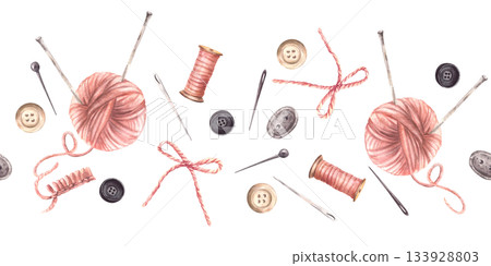 Buttons, a pink yarn ball with knitting needles, thread spool and sewing pins seamless border. Needlework, handicrafts, hobby pattern, fabric. Watercolor painted illustration isolated from background 133928803