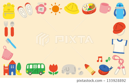 Cute horizontal frame background for kindergarten, hand-drawn pastel illustration Cute horizontal frame background for kindergarten, hand-drawn pastel illustration 133928892