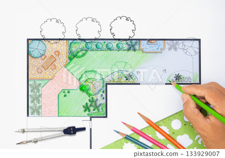 Architecture student design project backyard garden and patio plan. Architecture student design project backyard garden and patio plan. 133929007