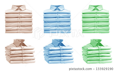 3 Set of pile stack group of folded blank pastel beige blue turquoise green button up long sleeve collar shirt on transparent background cutout, PNG file. Mockup template 133929190