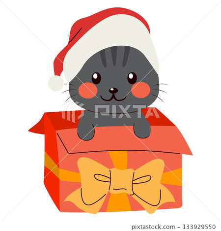Cute Cat in Gift Box With Santa Hat Cartoon Illustration 133929550