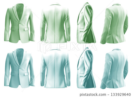 2 Set of pastel green turquoise blue, front back side view, business collar suit blazer jacket coat on transparent background cutout, PNG file. Mockup 133929640